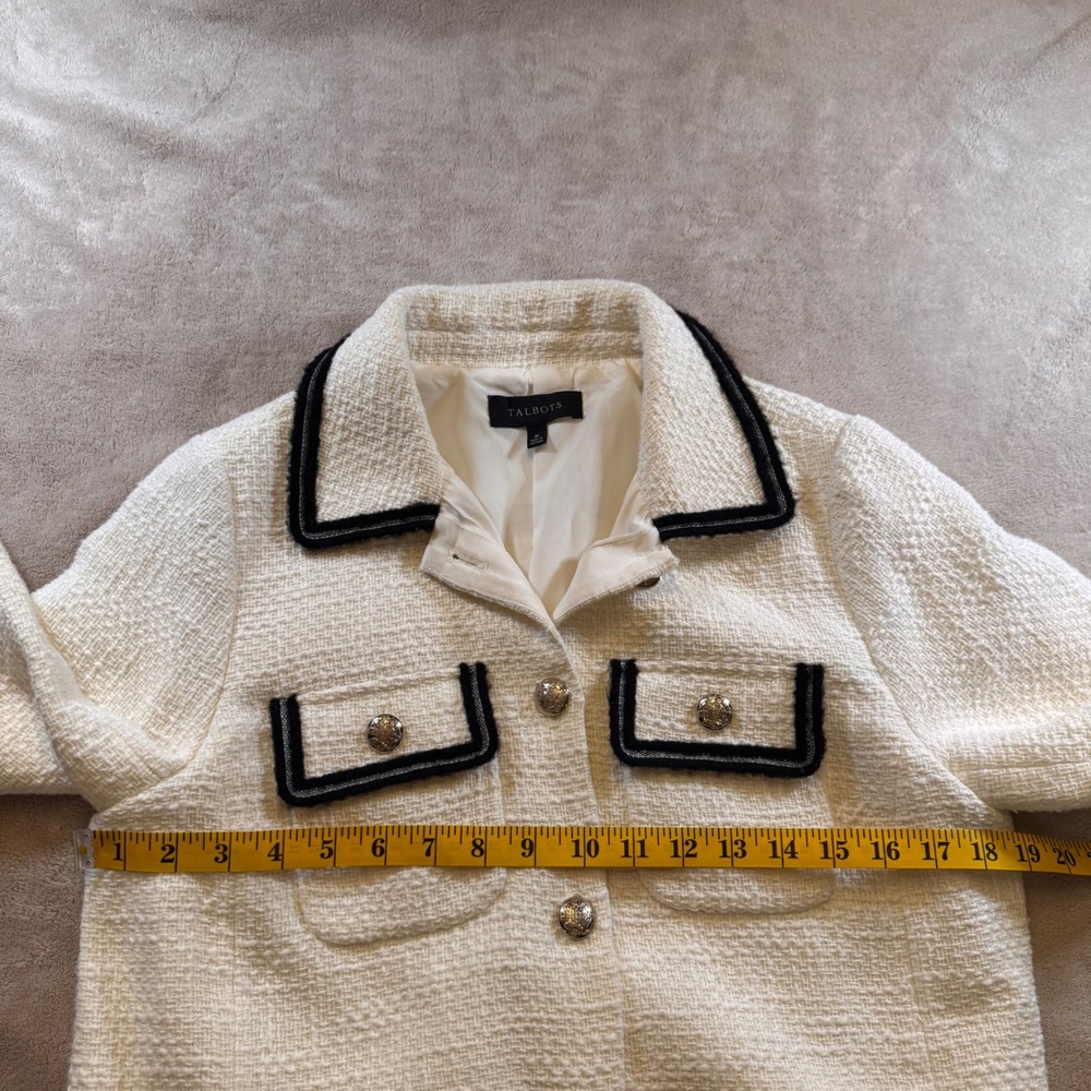 Talbots Cream Tweed Bomber Jacket with Black Trim and Gold Buttons - Picture 9 of 12
